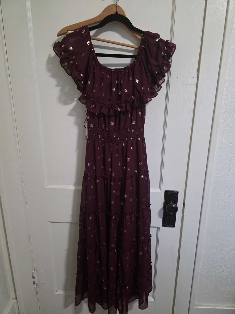 Vince Camuto Burgundy Maxi Dress with Gold Floral Accents